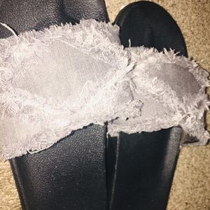 Grey Ripped Jean Material Slides